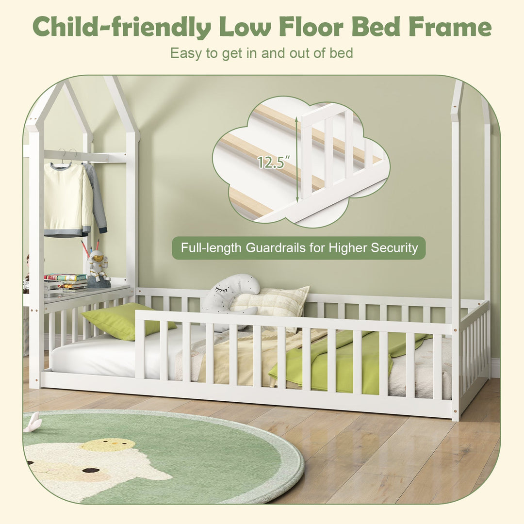 White low floor bed frame with full-length guardrails and attached front ladder