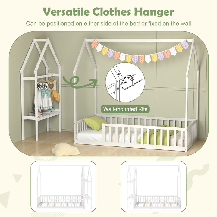 White house-style low floor bed frame with side shelf and wall-mounted kit area