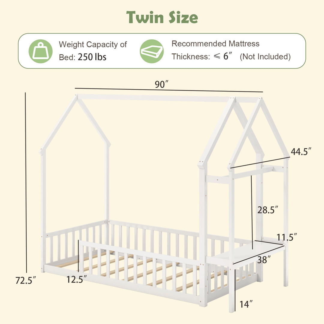 White twin house-style low floor bed frame side profile with ladder and guardrails
