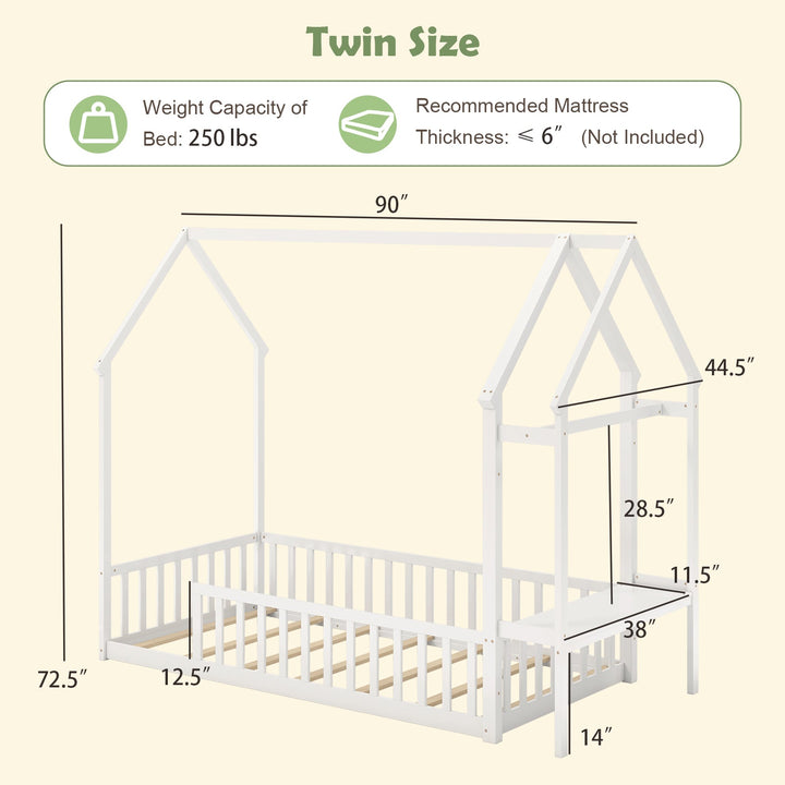 White twin house-style low floor bed frame side profile with ladder and guardrails