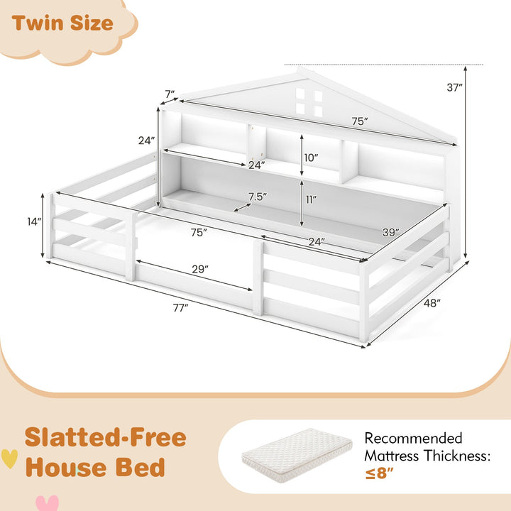 White twin slatted-free house bed dimension diagram with storage shelf layout