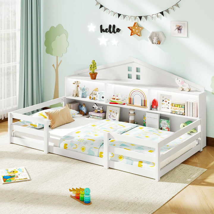 White twin floor bed with house roof, guardrails, and built-in side storage shelves