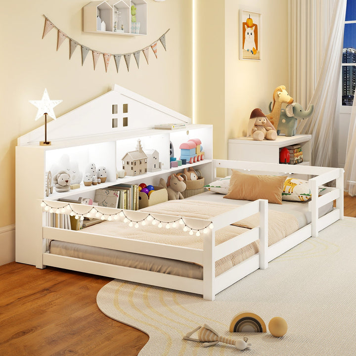 White twin house floor bed with open shelves under the roof and low side rails