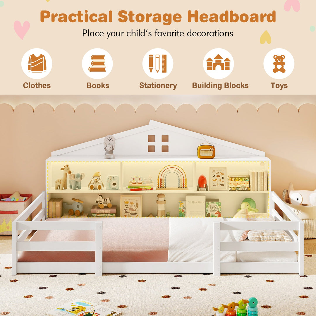 White twin house floor bed with open cubbies, storage headboard, and side rails