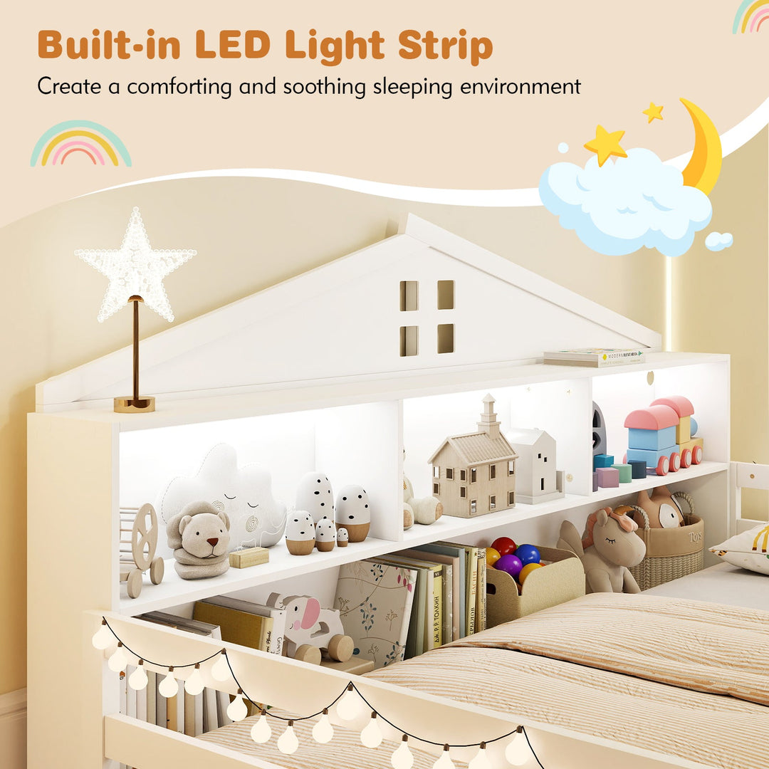 White twin house floor bed with built-in LED light strip and multi-compartment shelf