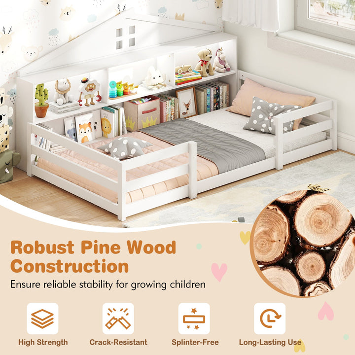 White twin house floor bed with front open compartments, side rails, and storage shelf