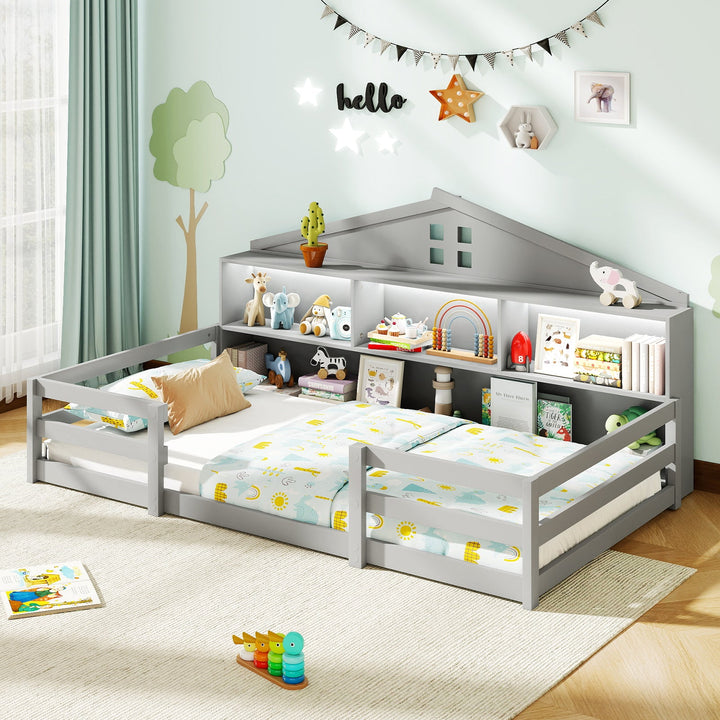 Gray twin floor bed with open book shelf, storage compartments, and guard rails