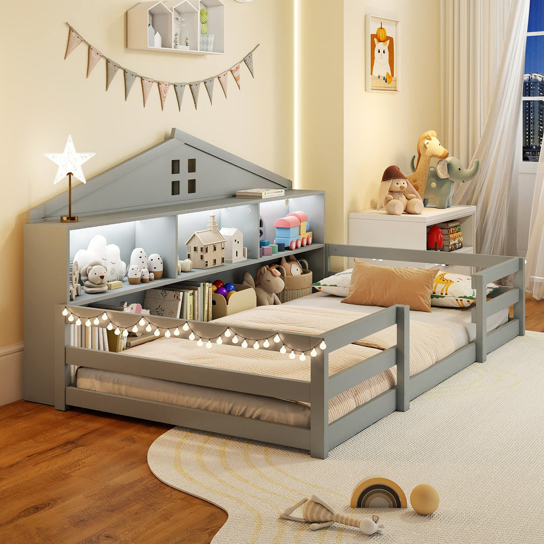 Gray twin floor bed with open storage compartments and headboard shelf