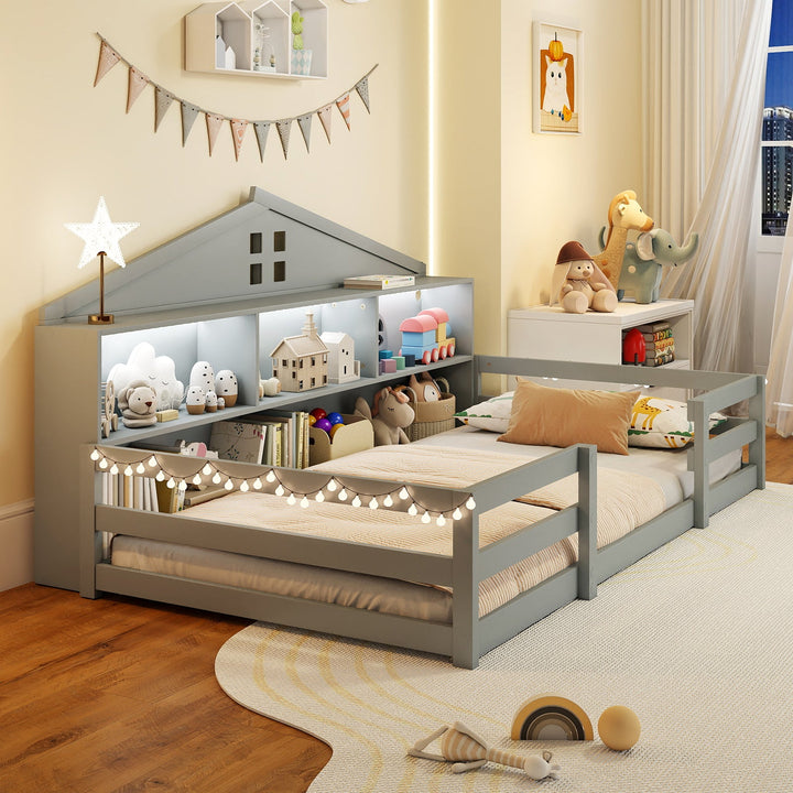 Gray twin floor bed with open storage compartments and headboard shelf