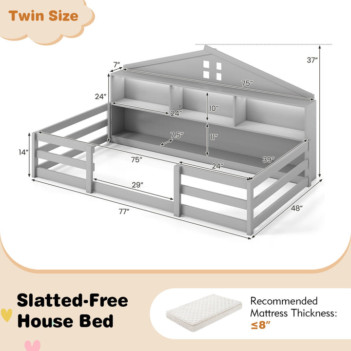 White twin slatted-free house bed diagram with dimensions and storage compartments