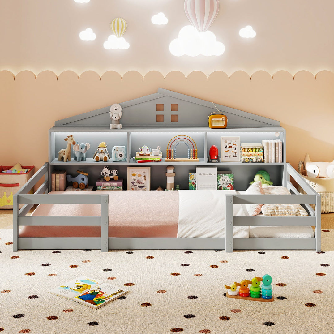 White twin house floor bed with roof storage compartments and front guardrails