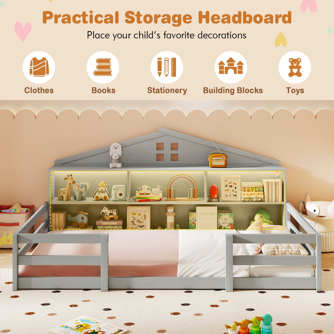White twin house floor bed with front storage headboard and open cubbies