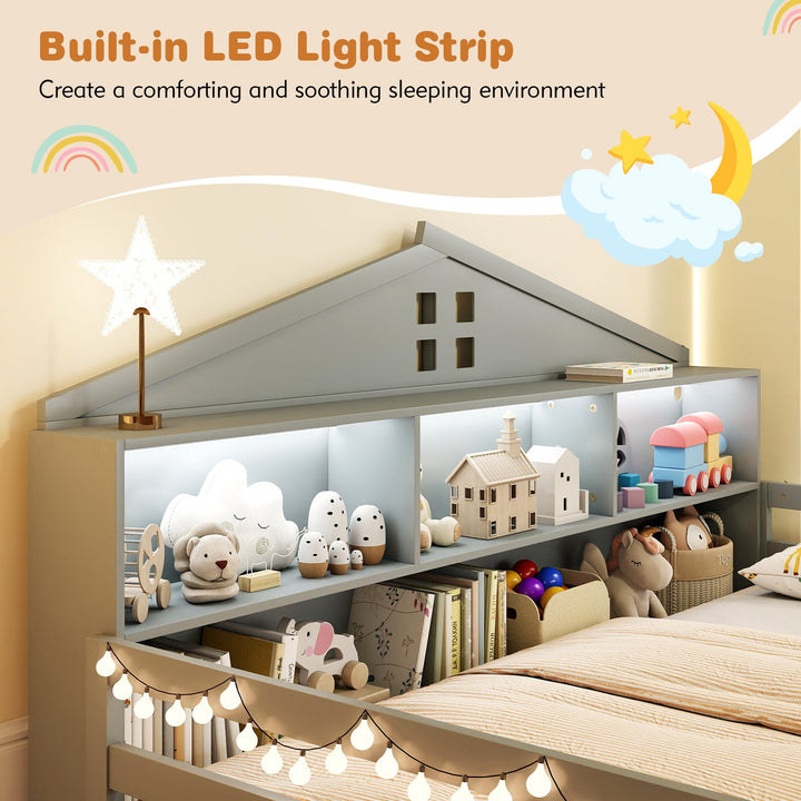 White twin house floor bed with built-in LED light strip and open storage under roof