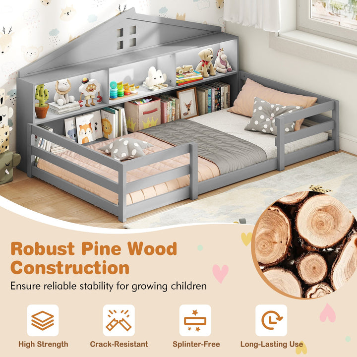 Gray twin floor bed with guard rails, side storage shelves, and canopy-style roof