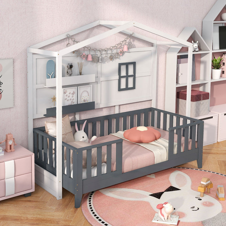 Gray and white Montessori house floor bed with front guardrails and built-in side shelves