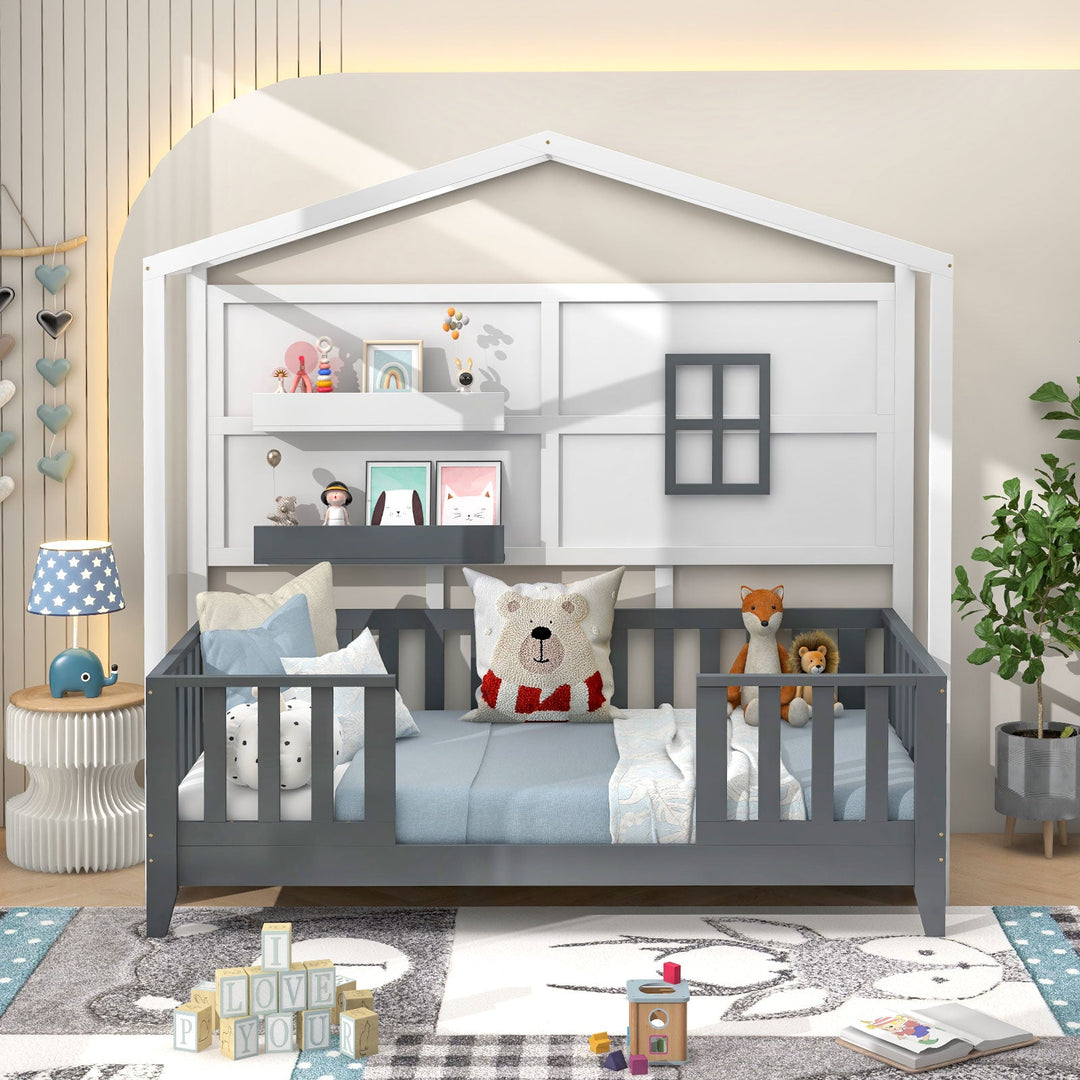 Gray floor bed with house frame, side guardrails, and integrated wall shelves behind