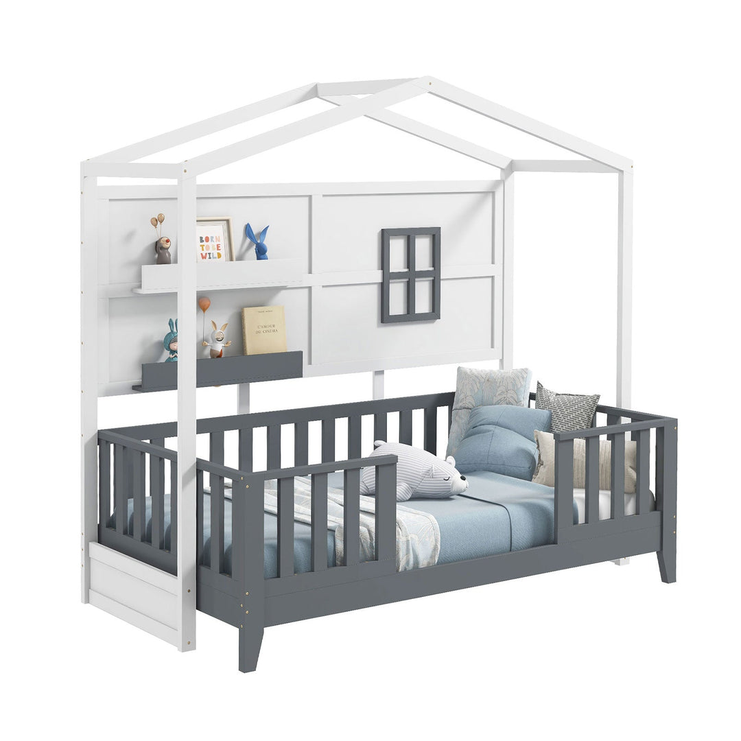 Gray Montessori floor bed with house-shaped white frame and vertical guardrail slats