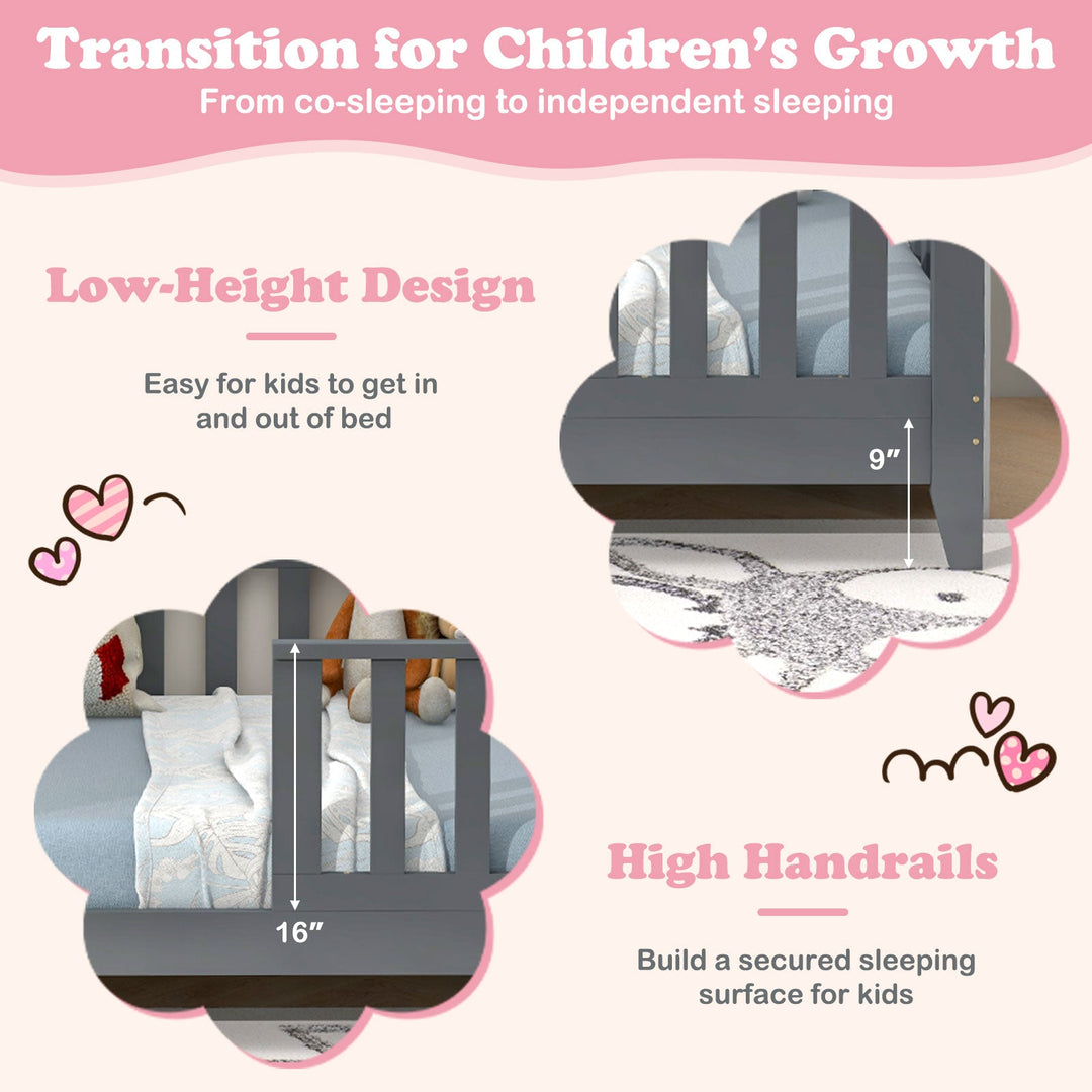 Gray low-height Montessori floor bed with high guardrails and easy kid-access front opening