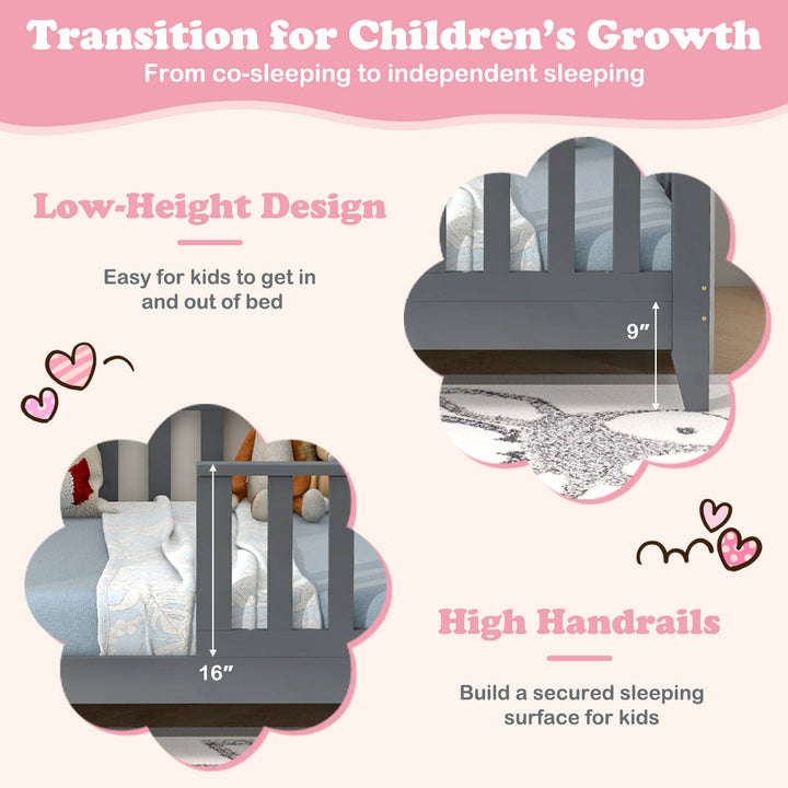 Gray low-height Montessori floor bed with high guardrails and easy kid-access front opening