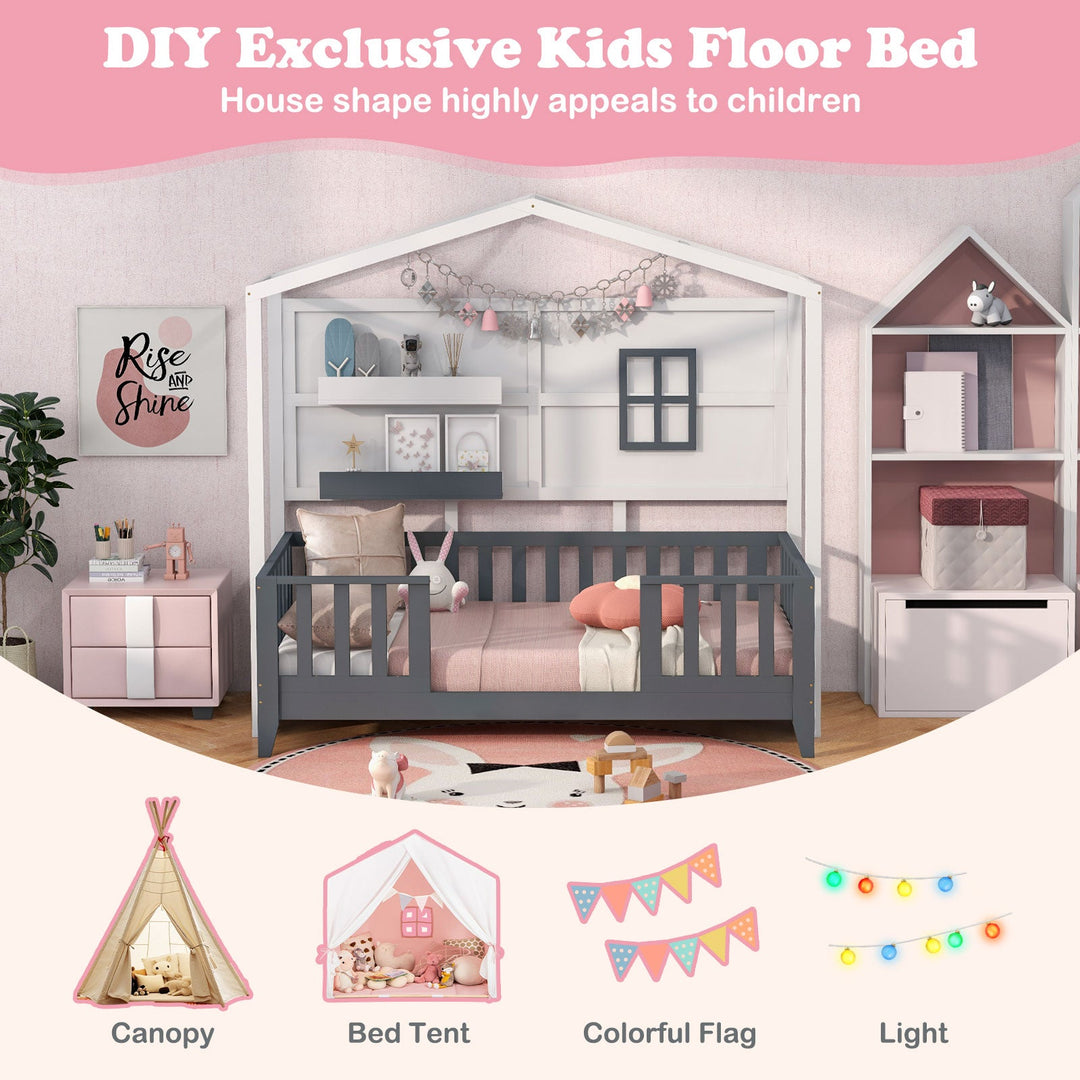 Gray Montessori house floor bed with front guardrails and white storage shelves on the sides