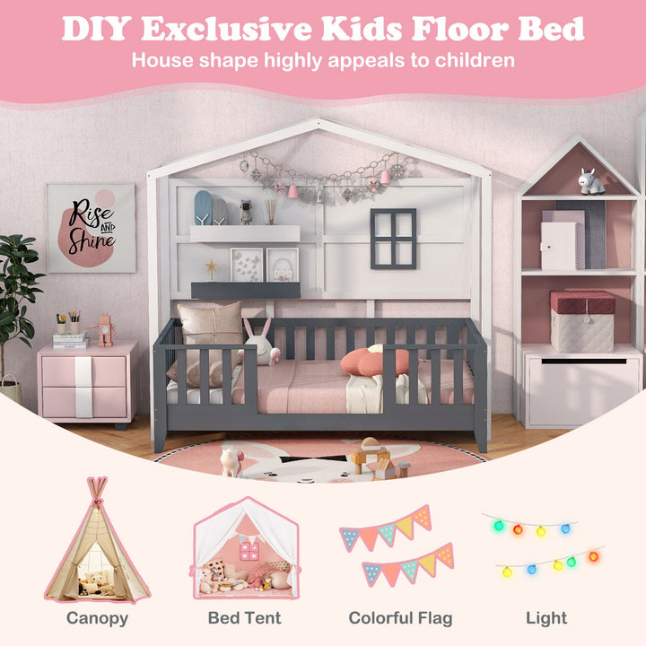 Gray Montessori house floor bed with front guardrails and white storage shelves on the sides