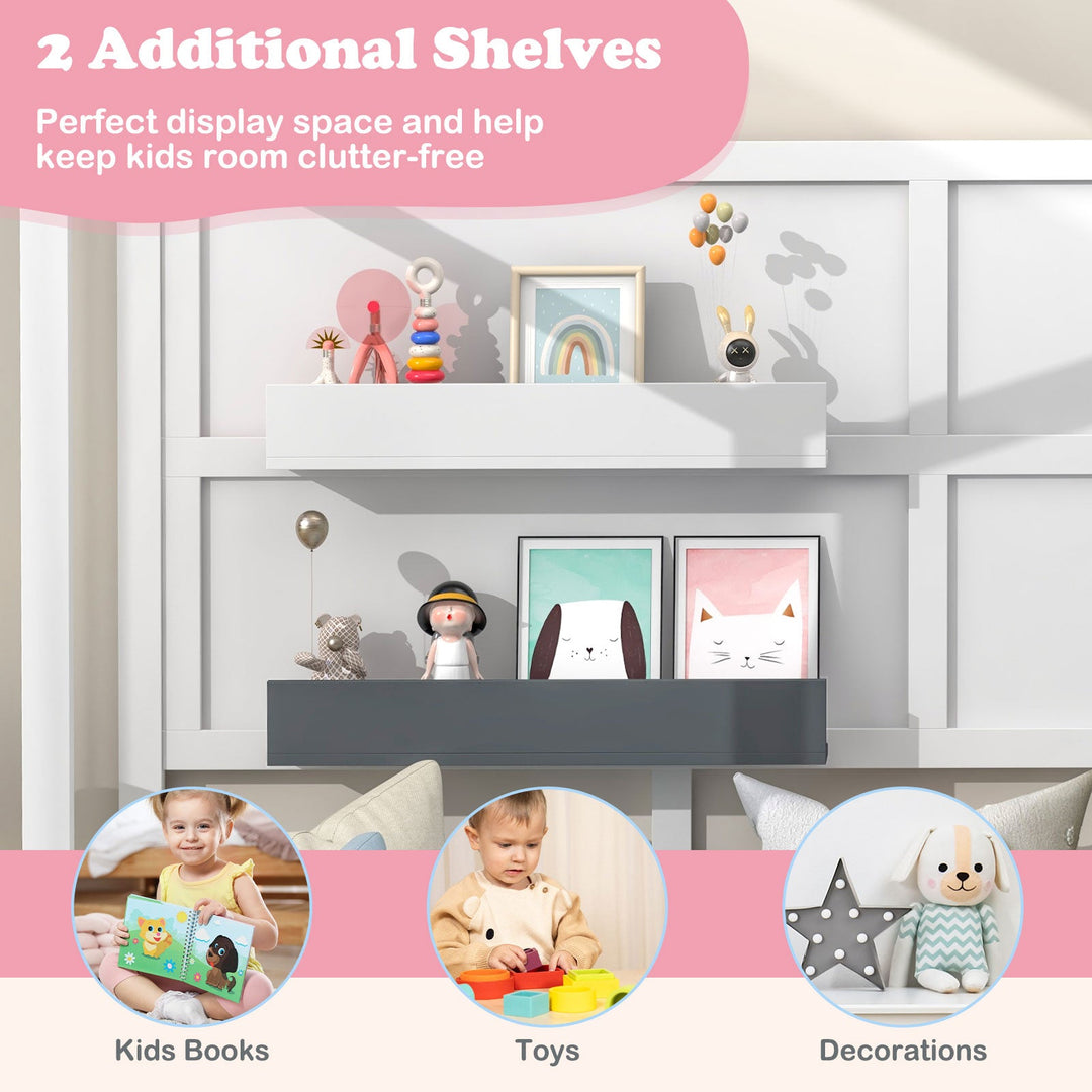 White house shelf wall behind a gray guardrail floor bed with display cubbies