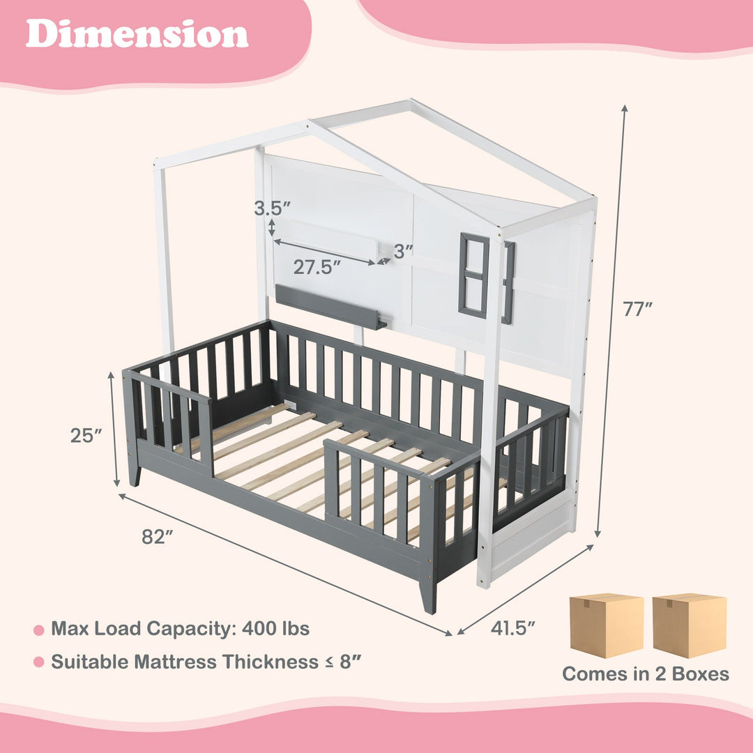 Montessori house floor bed diagram showing gray slatted guardrails and under-bed platform