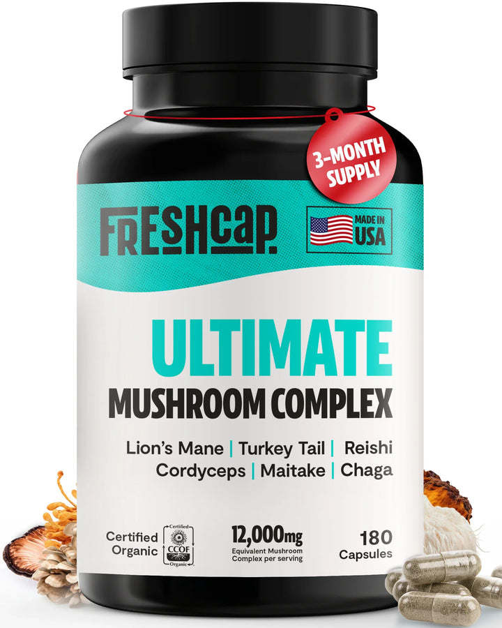 Black supplement bottle with teal label, Ultimate Mushroom Complex, 3-month supply, 180 capsules