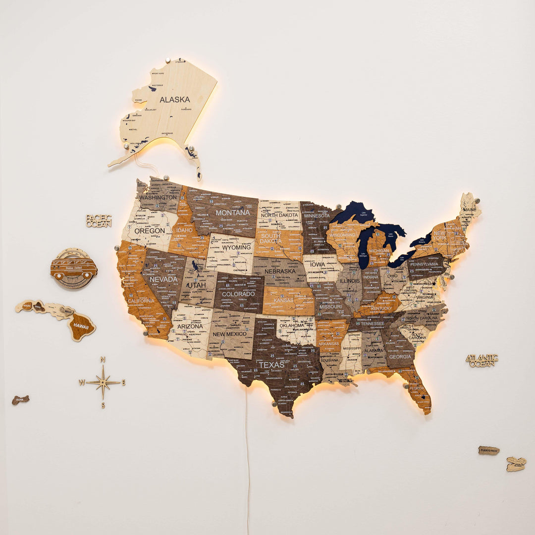 Wooden USA wall map with state names and multicolor engraved regions.