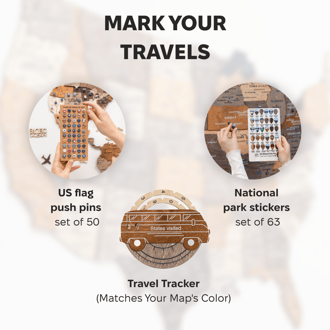 Travel tracker set with US flag push pins and national park stickers plus wooden tracker.