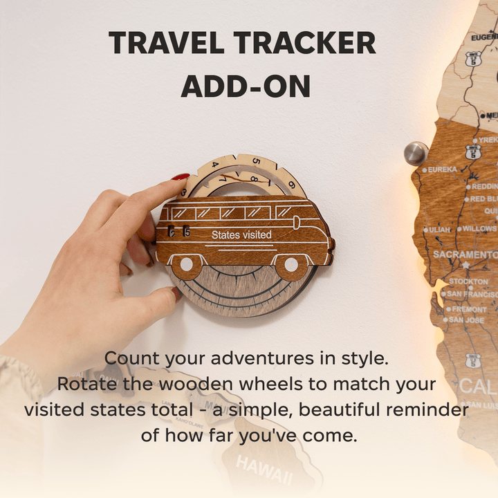 Wooden car-shaped USA travel tracker add-on with “States visited” and rotating wheels.