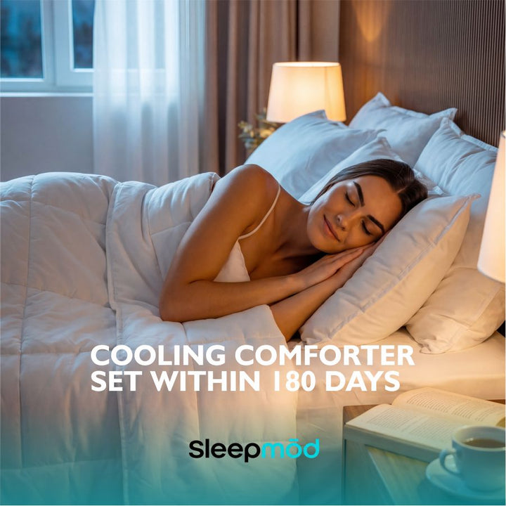 White cooling comforter set with pillow shams on a bed