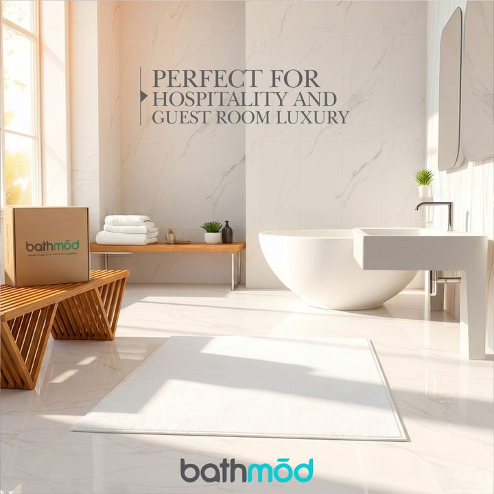 Luxury organic bath mat, light rectangular mat with a thin border