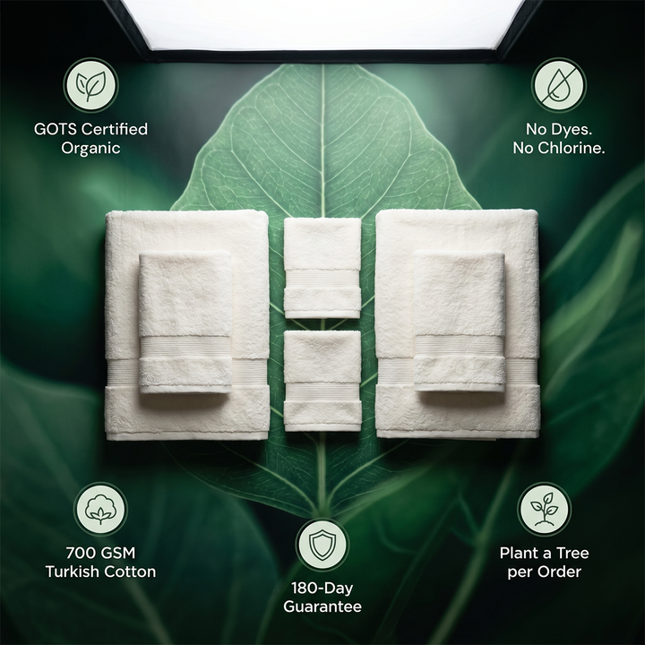 White bath towel set displayed with six folded towels, plush terry texture