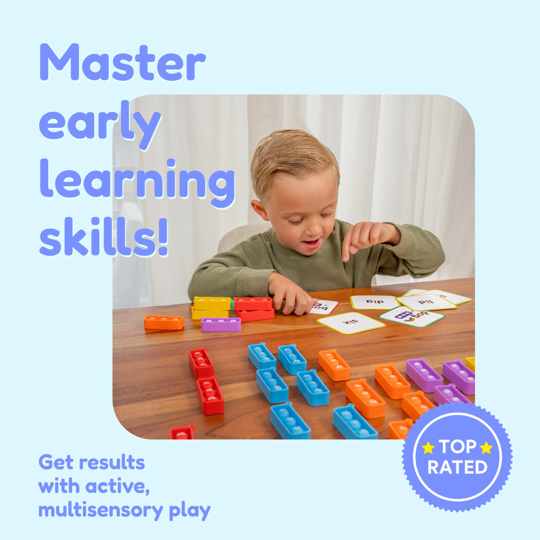 Master early learning skills kit with toddler playing with colorful learning pieces