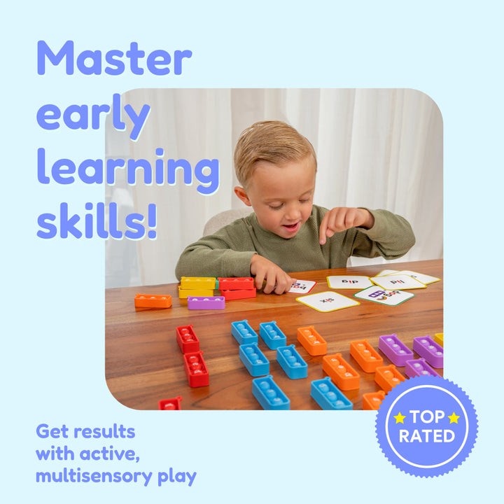 Master early learning skills kit with toddler playing with colorful learning pieces