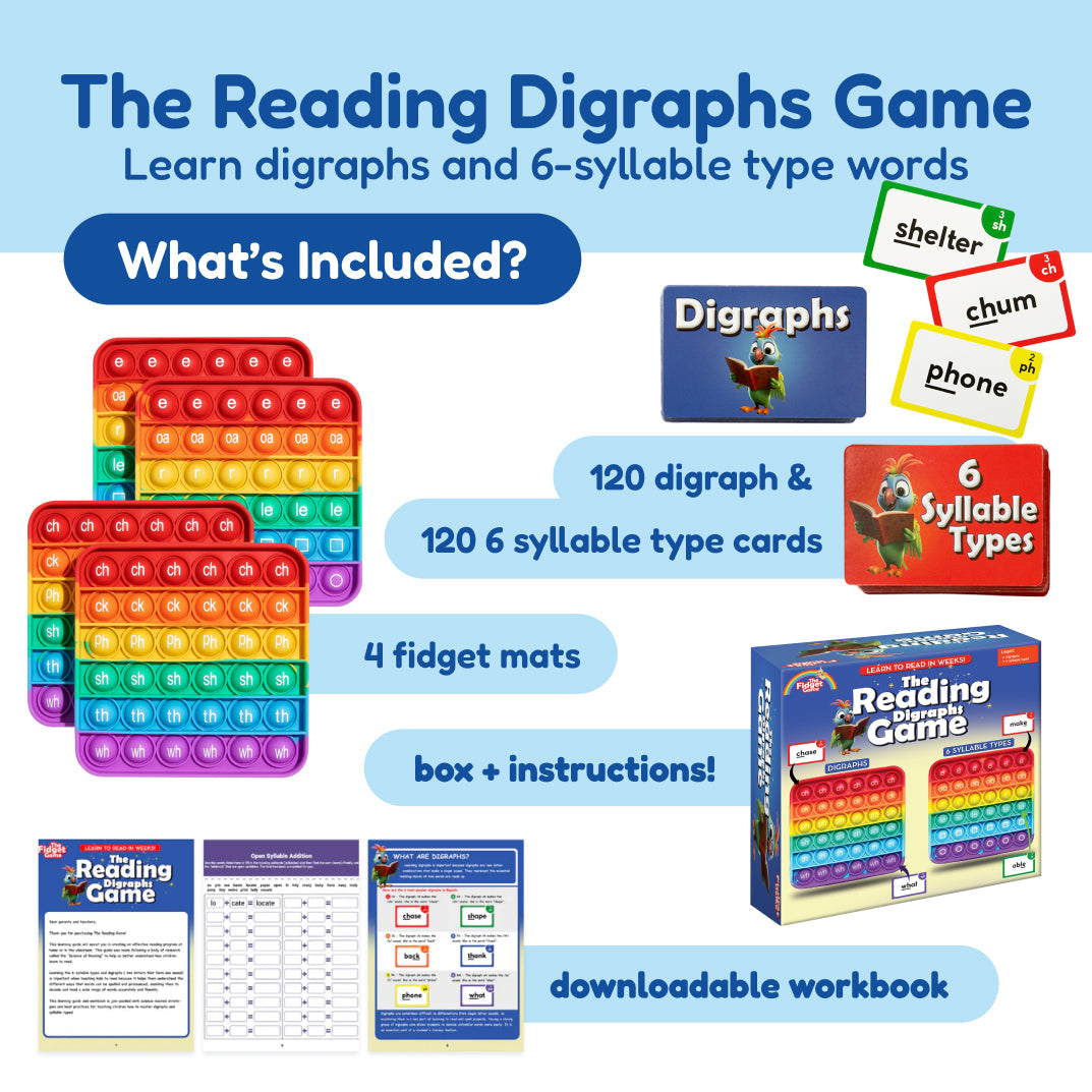 Reading Digraphs Game set with digraph cards, fidget mats, and instruction box