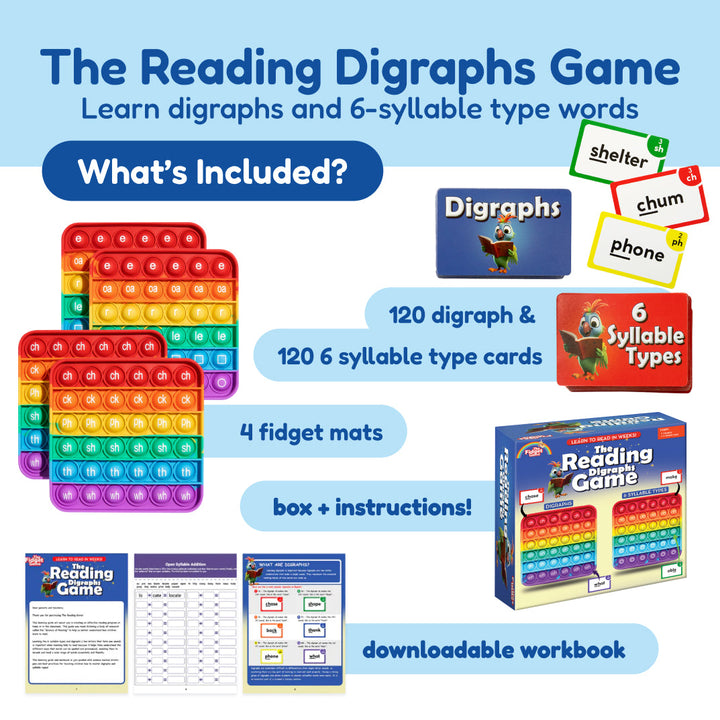 Reading Digraphs Game set with digraph cards, fidget mats, and instruction box