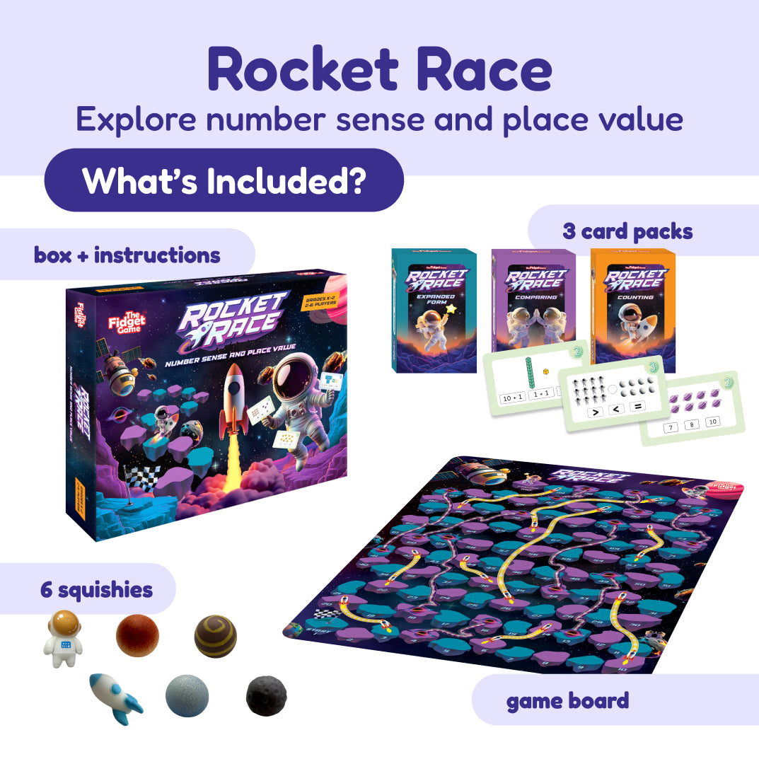 Rocket Race learning set with game box, card packs, and number sense game board