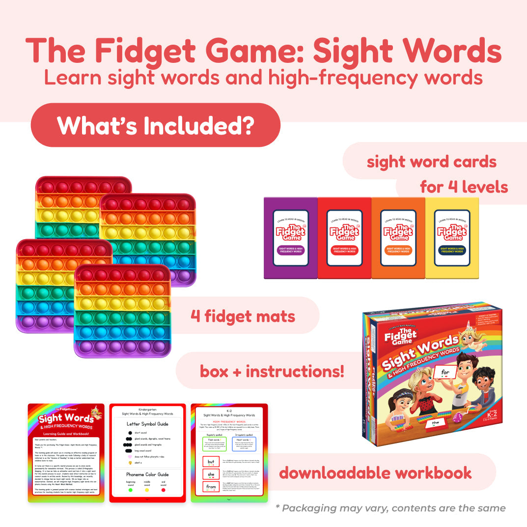 Sight words fidget game set with pop cards, fidget mats, and instruction box
