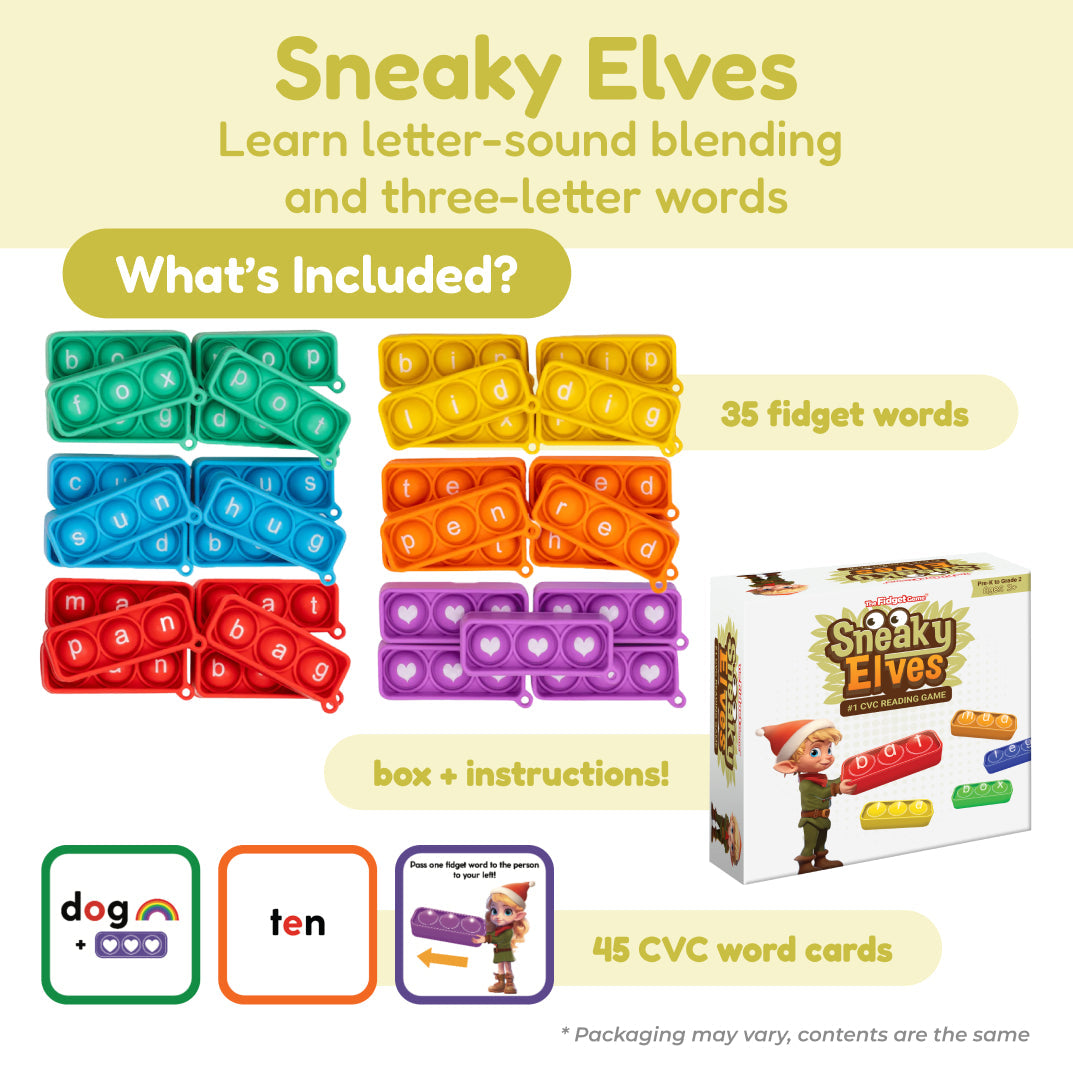 Sneaky Elves learning set with fidget pieces, word cards, and instruction box