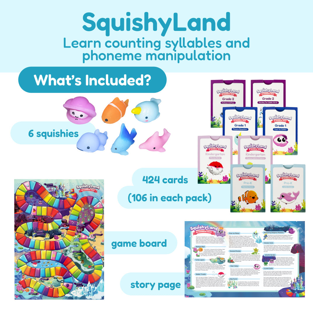 SquishyLand Grade 1 learning set overview with squishies, cards, game board, story page