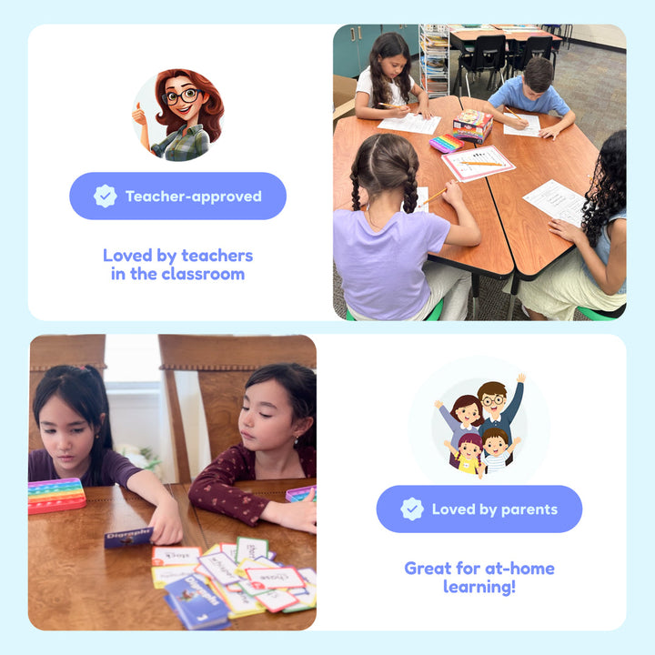 Learning activity cards used by children at a table with parent and teacher badges