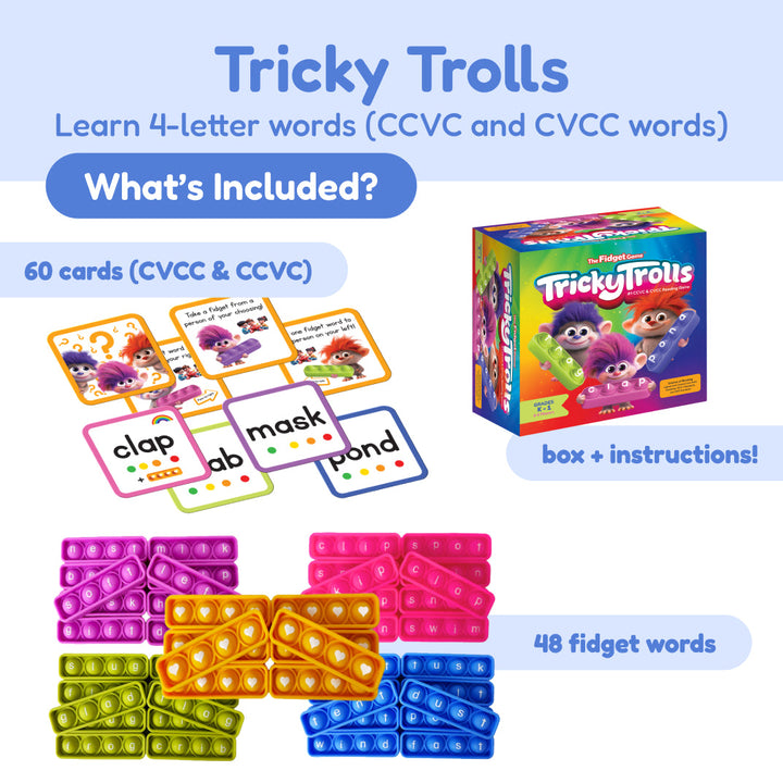 Tricky Trolls learning set with 4-letter word cards, fidget words, and instruction box