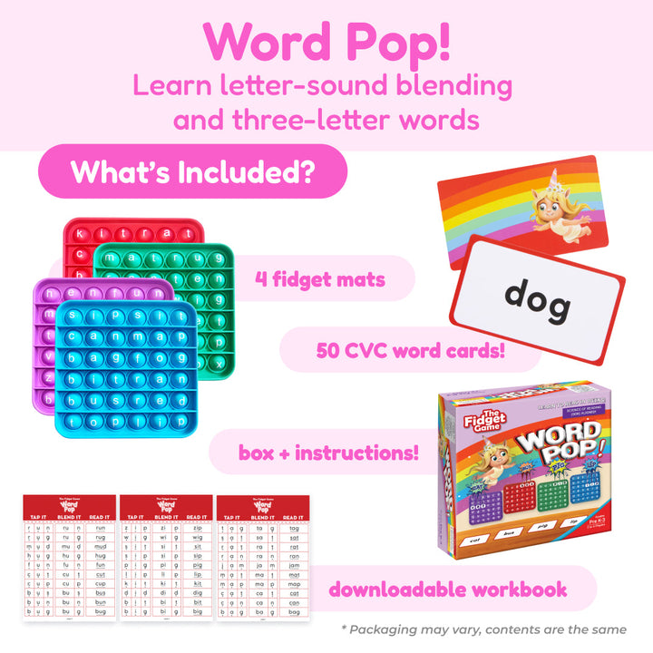 Word Pop fidget game set with fidget mats, word cards, and instruction box