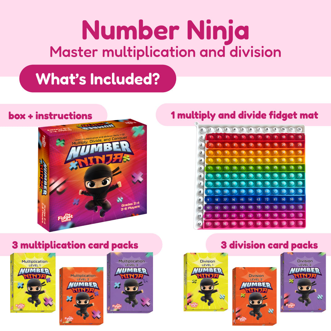 Number Ninja math game set with multiply/divide fidget mat and card packs