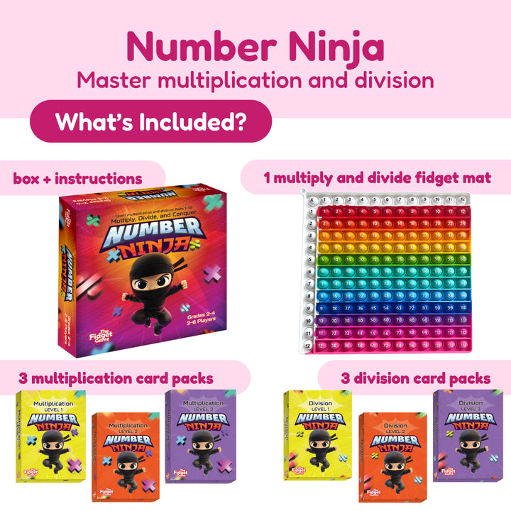Number Ninja math game set with multiply/divide fidget mat and card packs