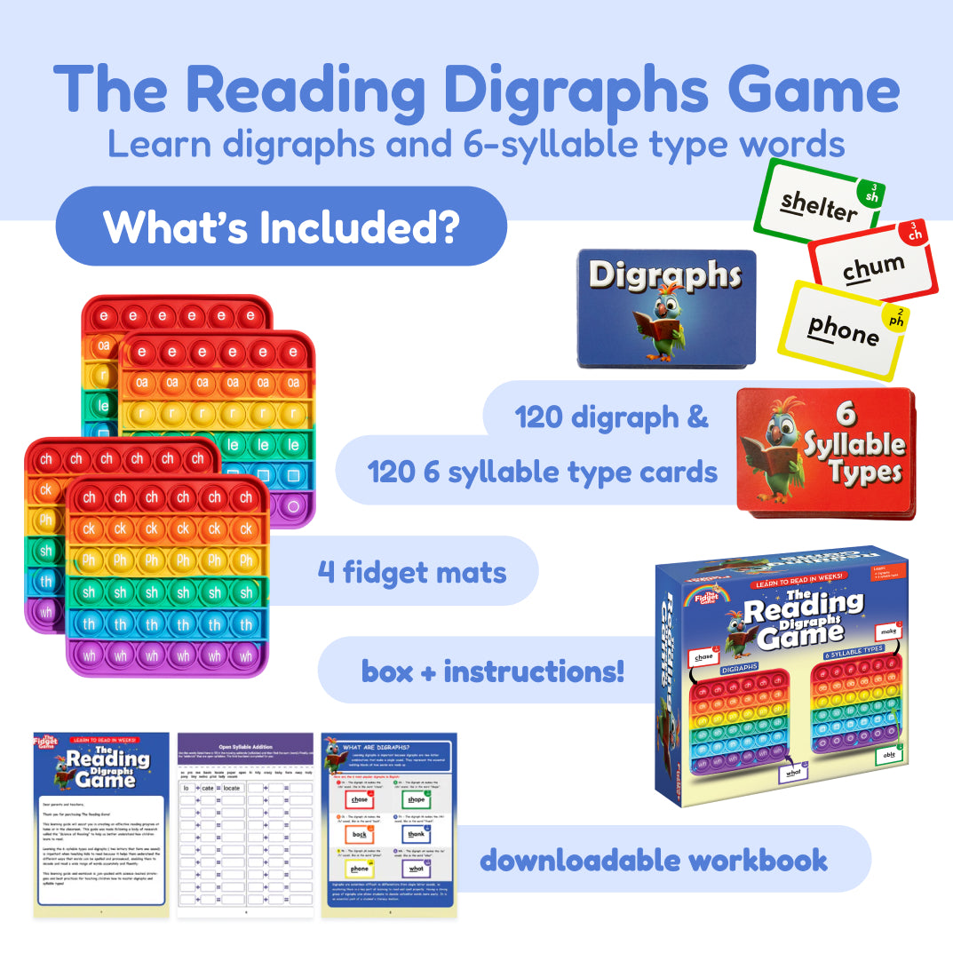 Reading digraphs game set with fidget mat, digraph cards, and instruction box