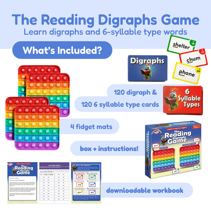 Reading digraphs game set with fidget mat, digraph cards, and instruction box