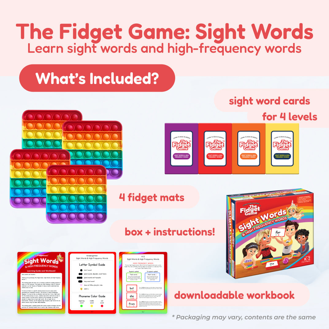 Fidget sight words game set with fidget mats, sight-word cards and instruction box